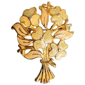 Enameled Gold Floral Bouquet Brooch Unmarked Possibly Vintage